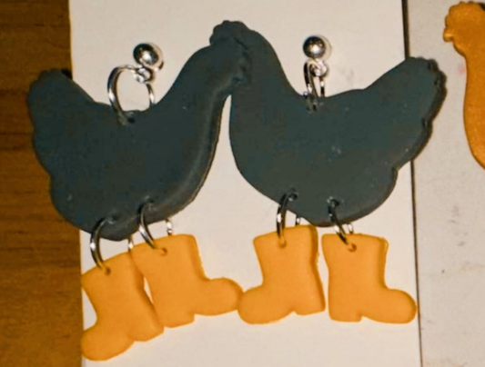 Green Hand Painted Clay Chicken Earrings